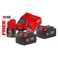 Kit NRG MILWAUKEE 2 Batteries 18V 5Ah + 1 Batteries 12V 2Ah Red Lithium + chargeur rapide